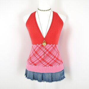 VTG 00s Y2K Twee Essendi Red and Pink Plaid Knit V Neck Halter Top Sz Medium